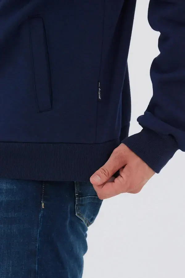 Men's Navy Blue Zippered Hoodie with Cotton Lining, Stand-up Collar and Side Pockets - 3