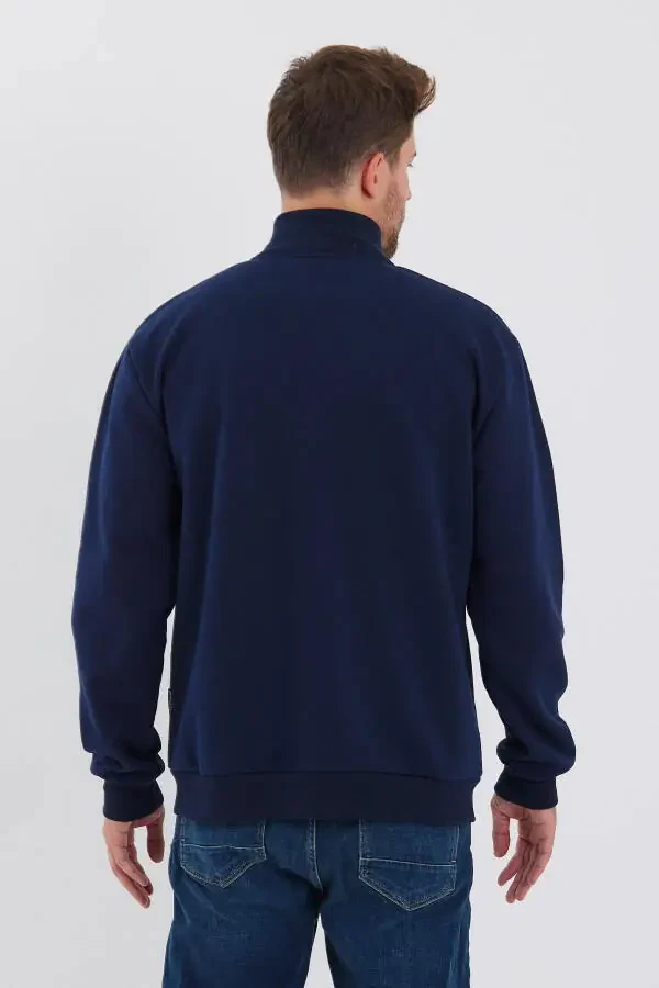 Men's Navy Blue Zippered Hoodie with Cotton Lining, Stand-up Collar and Side Pockets - 4