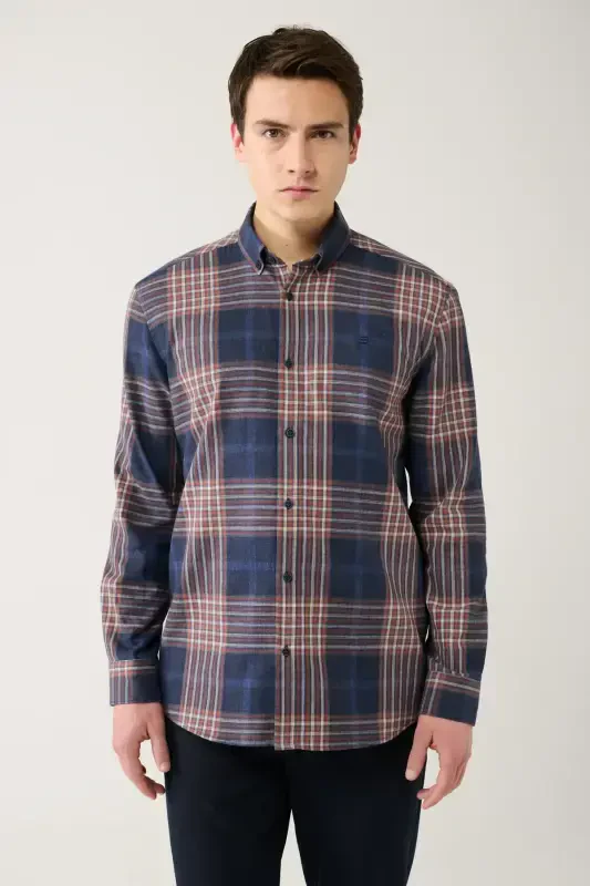 Men's Navy-brown Lumberjack Shirt Button Down Collar 100% Cotton Plaid Flannel A32y2059 - 3