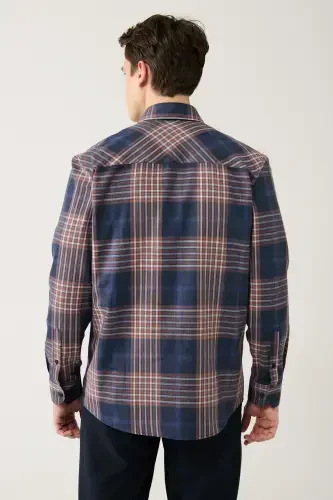 Men's Navy-brown Lumberjack Shirt Button Down Collar 100% Cotton Plaid Flannel A32y2059 - 4