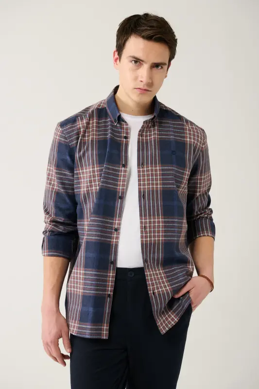 Men's Navy-brown Lumberjack Shirt Button Down Collar 100% Cotton Plaid Flannel A32y2059 - AVVA