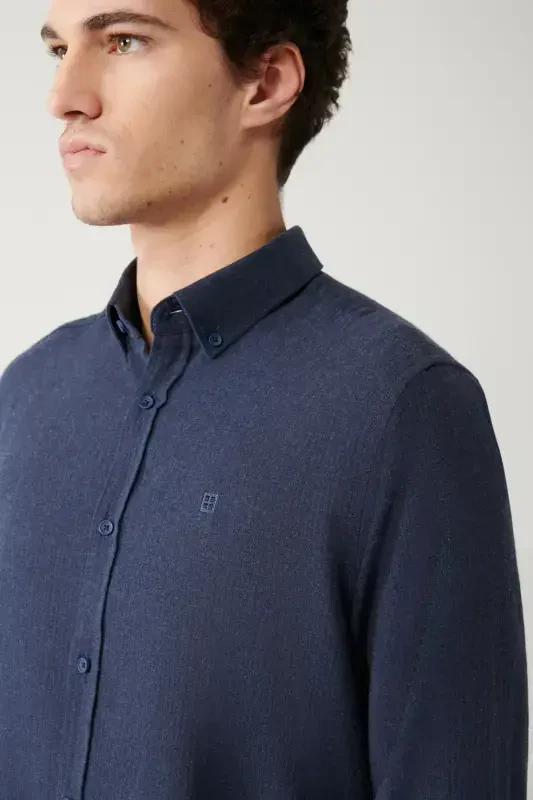 Men's Navy Button-Down Collar 100% Cotton Shirt B002033-Navy - 2