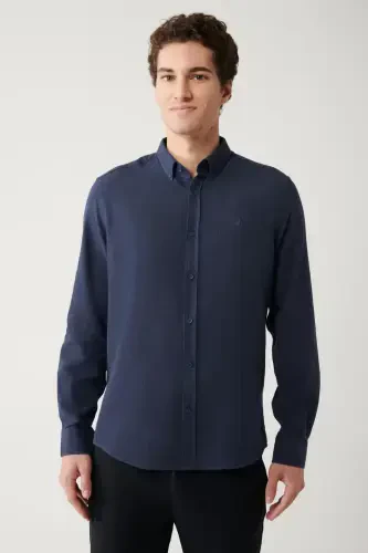 Men's Navy Button-Down Collar 100% Cotton Shirt B002033-Navy - 3