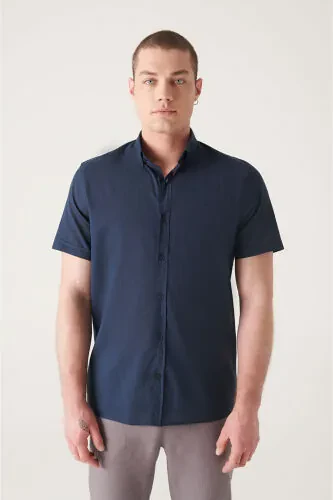 Men's Navy Button-Down Collar 100% Cotton Slim Fit Short Sleeve Regular Fit Shirt E002210 - AVVA