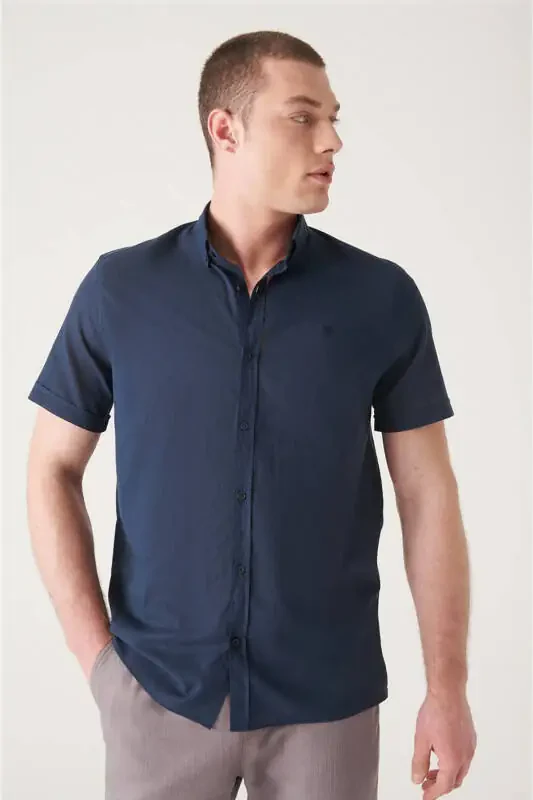 Men's Navy Button-Down Collar 100% Cotton Slim Fit Short Sleeve Regular Fit Shirt E002210 - 5