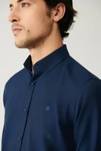 Men's Navy Button-Down Collar Easy Iron Oxford Cotton Regular Fit Shirt E002000 - AVVA (1)