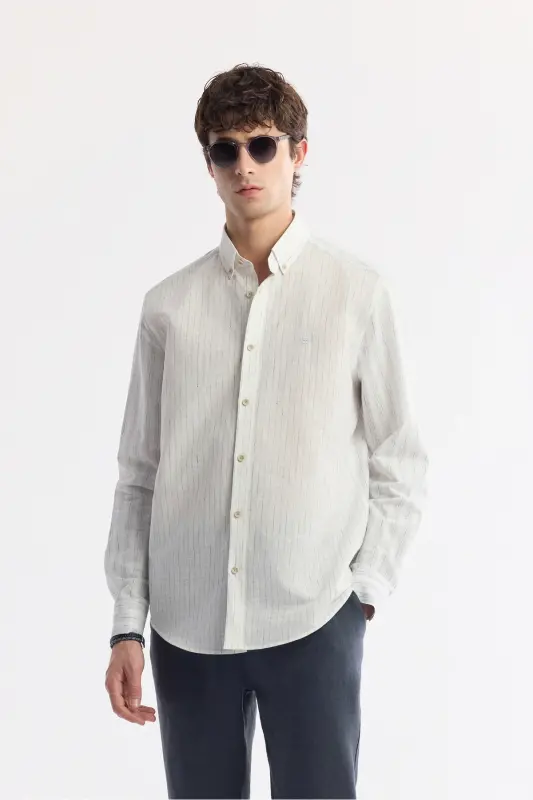 Men's Navy Button-Down Collar Striped Long Sleeve Shirt - AVVA