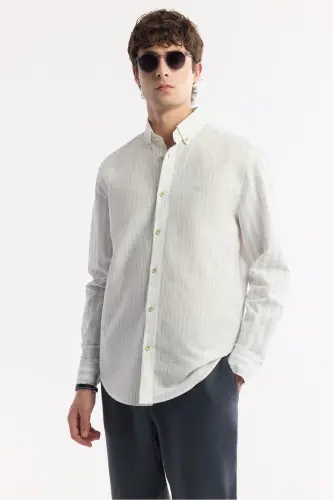Men's Navy Button-Down Collar Striped Long Sleeve Shirt - 5