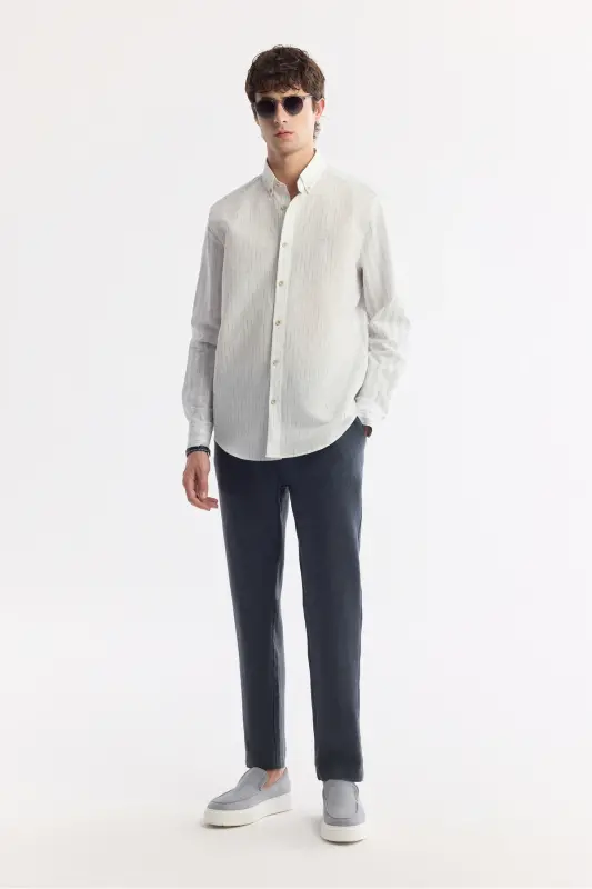 Men's Navy Button-Down Collar Striped Long Sleeve Shirt - 6