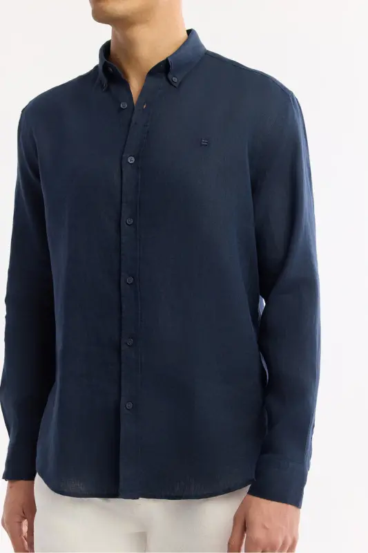 Men's Navy Comfort Fit 100% Linen Button-Down Collar Shirt B002191-Navy - 2