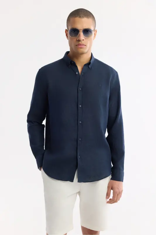 Men's Navy Comfort Fit 100% Linen Button-Down Collar Shirt B002191-Navy - 5