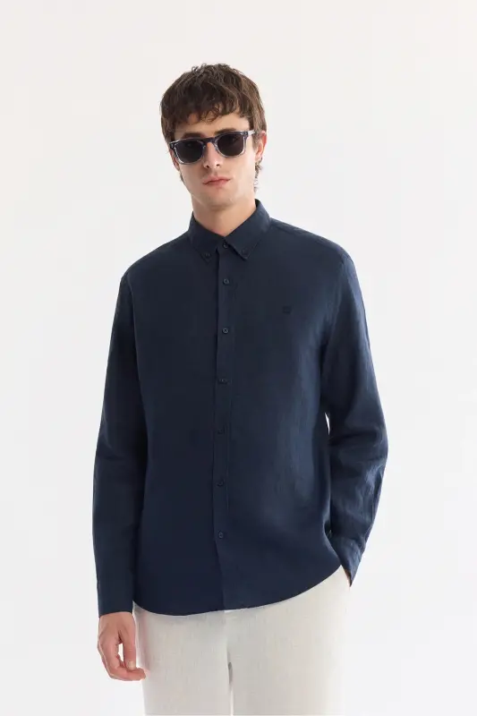 Men's Navy Comfort Fit 100% Linen Button-Down Collar Shirt B002191-Navy - 1