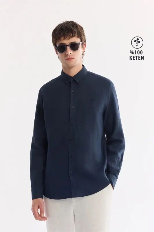 Men's Navy Comfort Fit 100% Linen Button-Down Collar Shirt B002191-Navy - AVVA