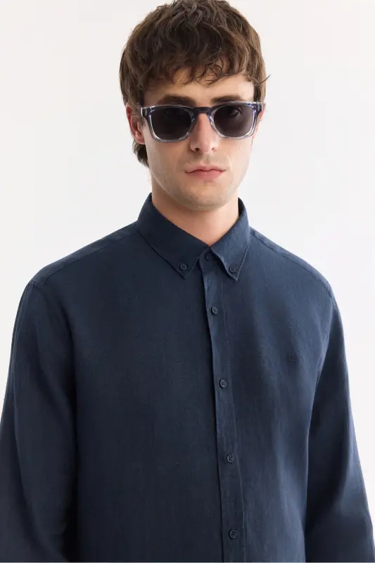 Men's Navy Comfort Fit 100% Linen Button-Down Collar Shirt B002191-Navy - 2