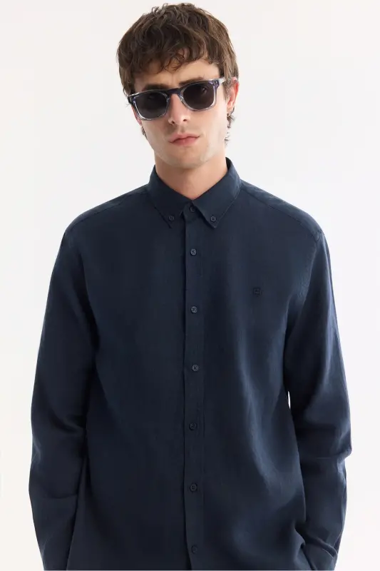 Men's Navy Comfort Fit 100% Linen Button-Down Collar Shirt B002191-Navy - 3