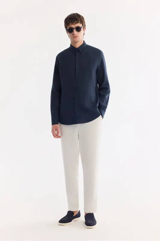 Men's Navy Comfort Fit 100% Linen Button-Down Collar Shirt B002191-Navy - 6