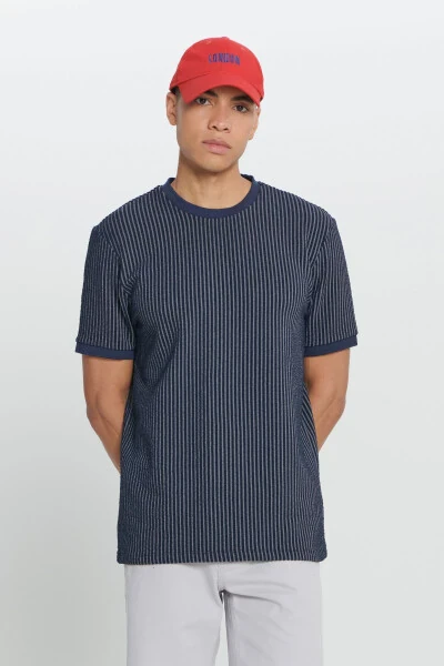Men's Navy Comfort Fit Relaxed Fit Cotton Striped Crew Neck T-shirt - 1