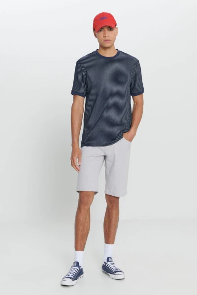 Men's Navy Comfort Fit Relaxed Fit Cotton Striped Crew Neck T-shirt - 2