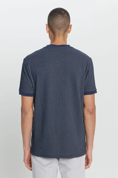 Men's Navy Comfort Fit Relaxed Fit Cotton Striped Crew Neck T-shirt - 5