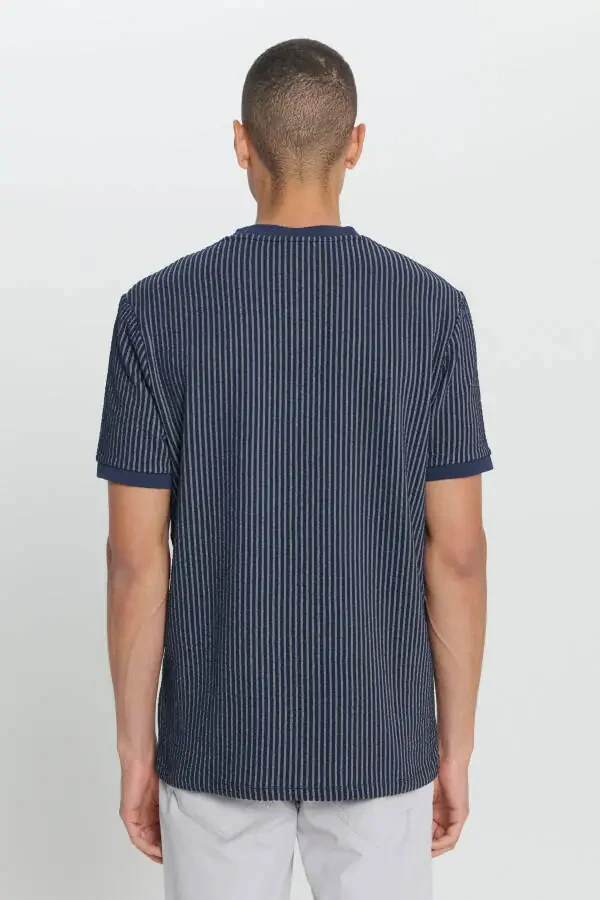 Men's Navy Comfort Fit Relaxed Fit Cotton Striped Crew Neck T-shirt - 5