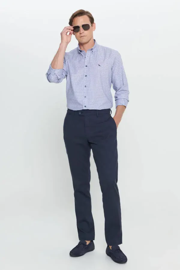 Men's Navy Comfort Fit Relaxed Fit Side Pocket Patterned Elastic Waist Trousers - 1