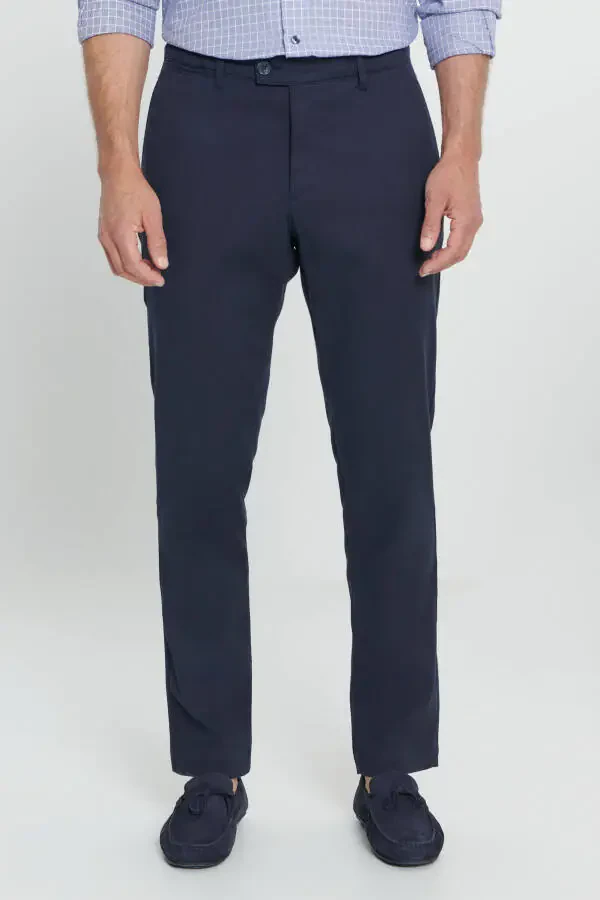 Men's Navy Comfort Fit Relaxed Fit Side Pocket Patterned Elastic Waist Trousers - 2