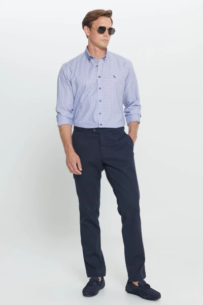 Men's Navy Comfort Fit Relaxed Fit Side Pocket Patterned Elastic Waist Trousers - 3