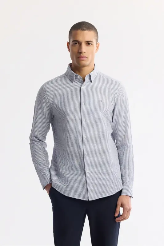 Men's Navy Comfort Fit Under Buttoned Collar Striped - AVVA