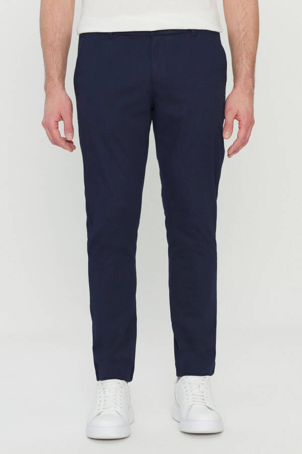 Men's Navy Cotton Slim Fit Narrow Cut Side Pocket Stretch Casual Pants - 1
