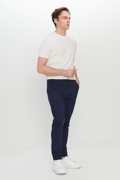 Men's Navy Cotton Slim Fit Narrow Cut Side Pocket Stretch Casual Pants - 3