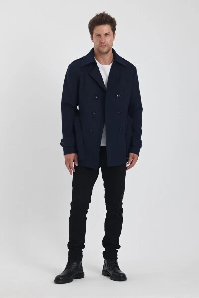 Men's Navy Double-Breasted Slim Fit Tweed Coat - 8