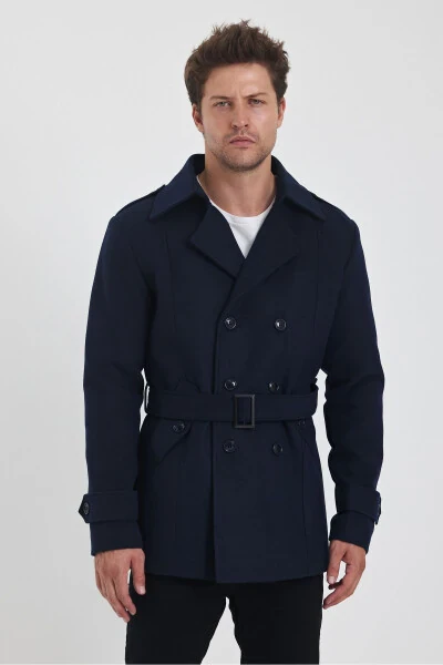 Men's Navy Double-Breasted Slim Fit Tweed Coat - 10
