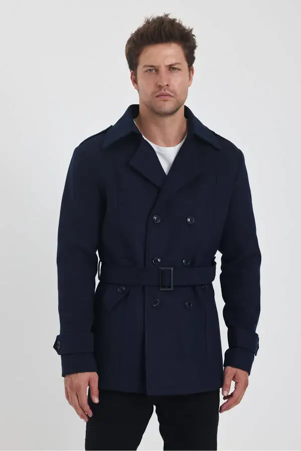 Men's Navy Double-Breasted Slim Fit Tweed Coat - 10