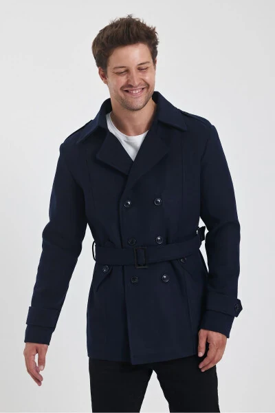 Men's Navy Double-Breasted Slim Fit Tweed Coat - 11