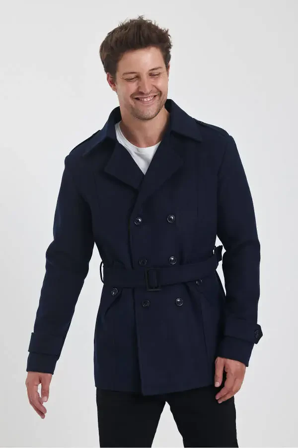 Men's Navy Double-Breasted Slim Fit Tweed Coat - 11
