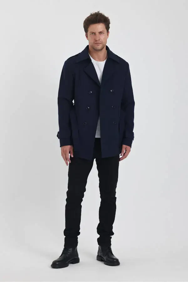 Men's Navy Double-Breasted Slim Fit Tweed Coat - 1