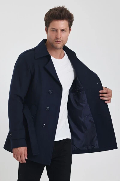 Men's Navy Double-Breasted Slim Fit Tweed Coat - TREND KOMBİN (1)