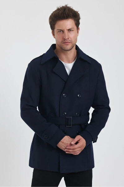 Men's Navy Double-Breasted Slim Fit Tweed Coat - 5