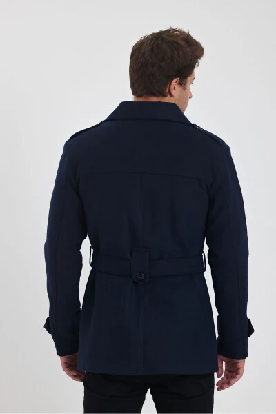 Men's Navy Double-Breasted Slim Fit Tweed Coat - 6