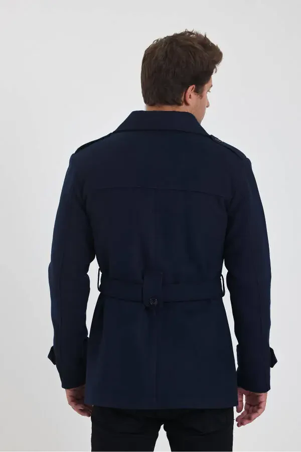 Men's Navy Double-Breasted Slim Fit Tweed Coat - 6