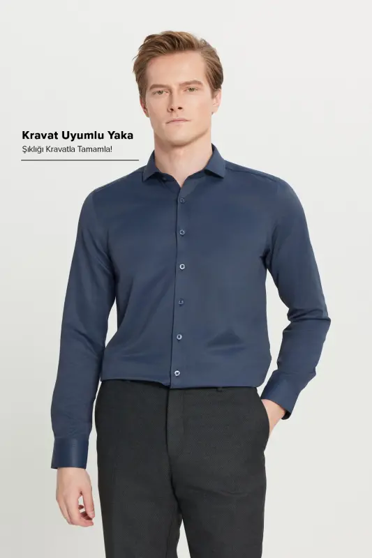 Men's Navy Easy Iron Slim Fit Narrow Cut Italian Collar Textured Shirt - Navy - 2
