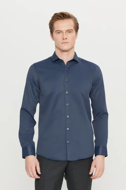 Men's Navy Easy Iron Slim Fit Narrow Cut Italian Collar Textured Shirt - Navy - 4