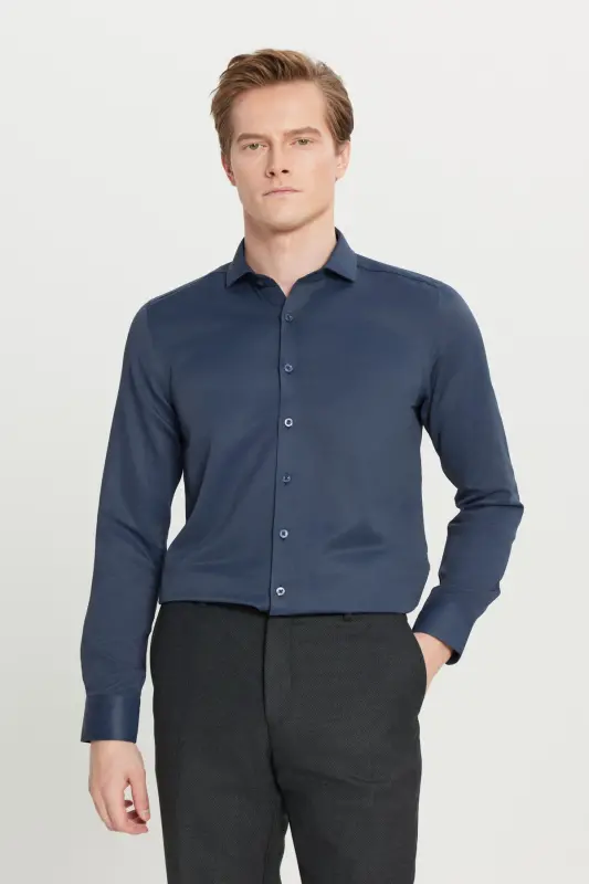Men's Navy Easy Iron Slim Fit Narrow Cut Italian Collar Textured Shirt - Navy - 6