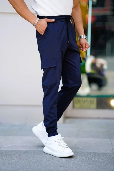 Men's Navy Elastic Waist Drawstring Cargo Pocket Stretchy Slim Fit Jogger Pants - CEYHANPARK