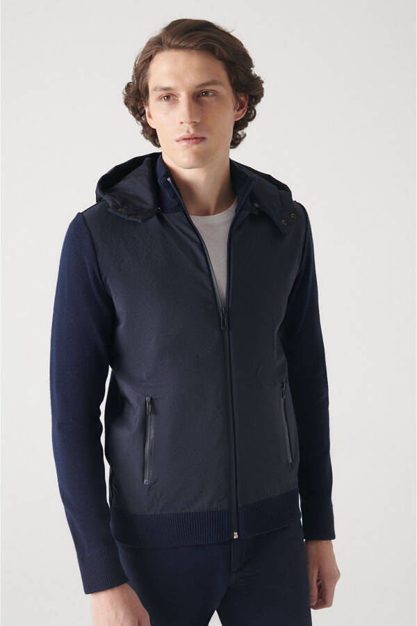 Men's Navy Hooded Wool Coat - 6