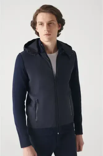 Men's Navy Hooded Wool Coat - 1