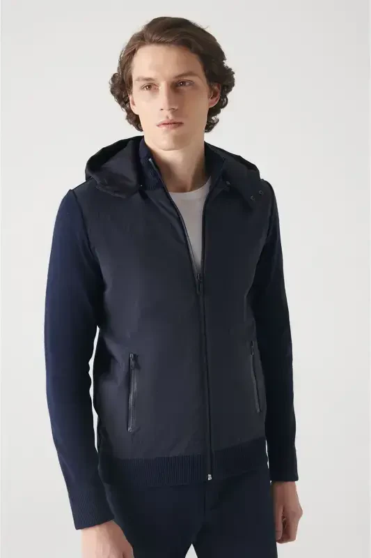 Men's Navy Hooded Wool Coat - 1