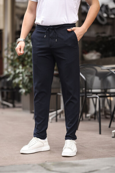 Men's Navy Jogger Cut Elastic Waistband Stretch Lycra Slim Fit Fabric Pants - 1