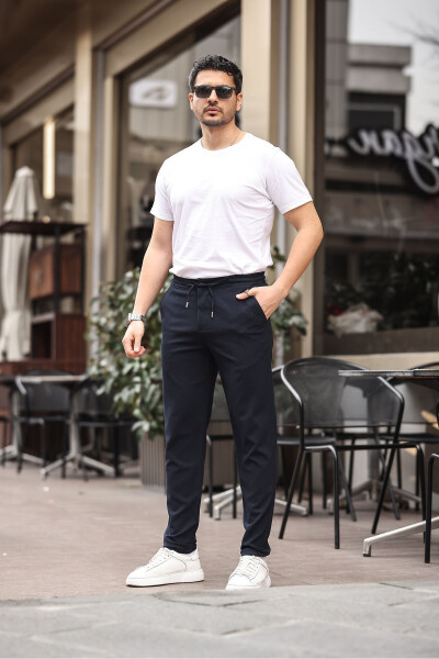 Men's Navy Jogger Cut Elastic Waistband Stretch Lycra Slim Fit Fabric Pants - 3