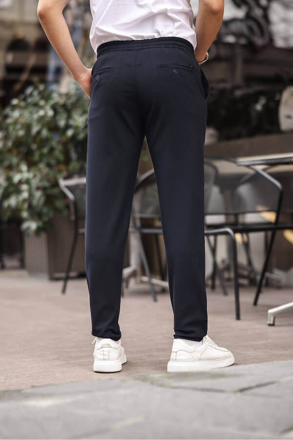 Men's Navy Jogger Cut Elastic Waistband Stretch Lycra Slim Fit Fabric Pants - 5